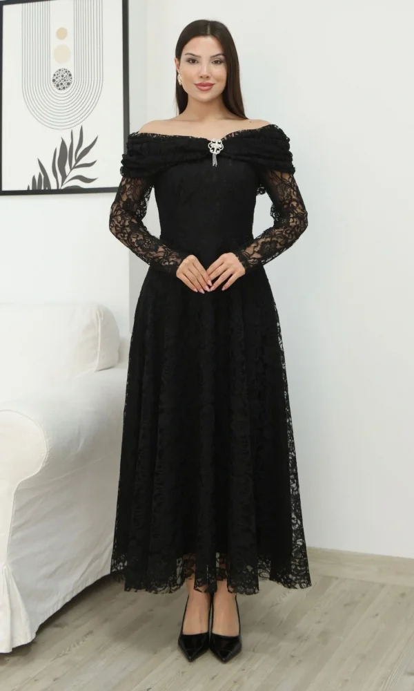 Aşkın Büyüsü Dantel Abiye Elbise 6055-Siyah