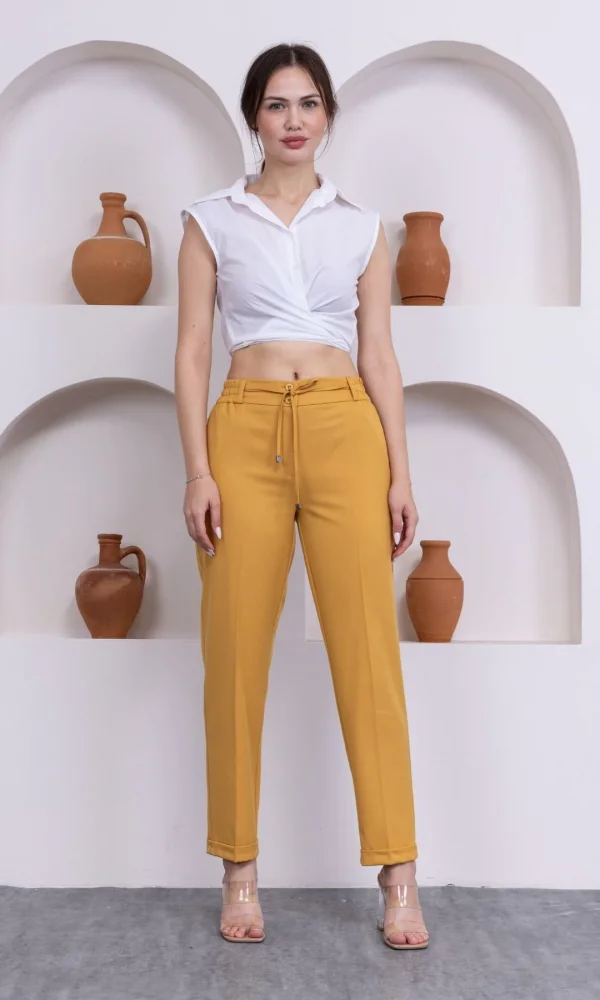 Bağlama Detaylı Beli Lastikli Kadın Kumaş Pantolon 326-Sarı