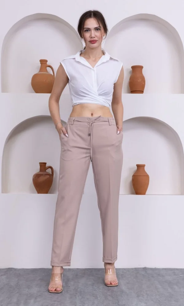 Bağlama Detaylı Beli Lastikli Kadın Kumaş Pantolon 326-Vizon