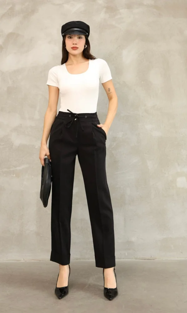 Bağlama Detaylı Beli Lastikli Kumaş Pantolon 6171-Siyah