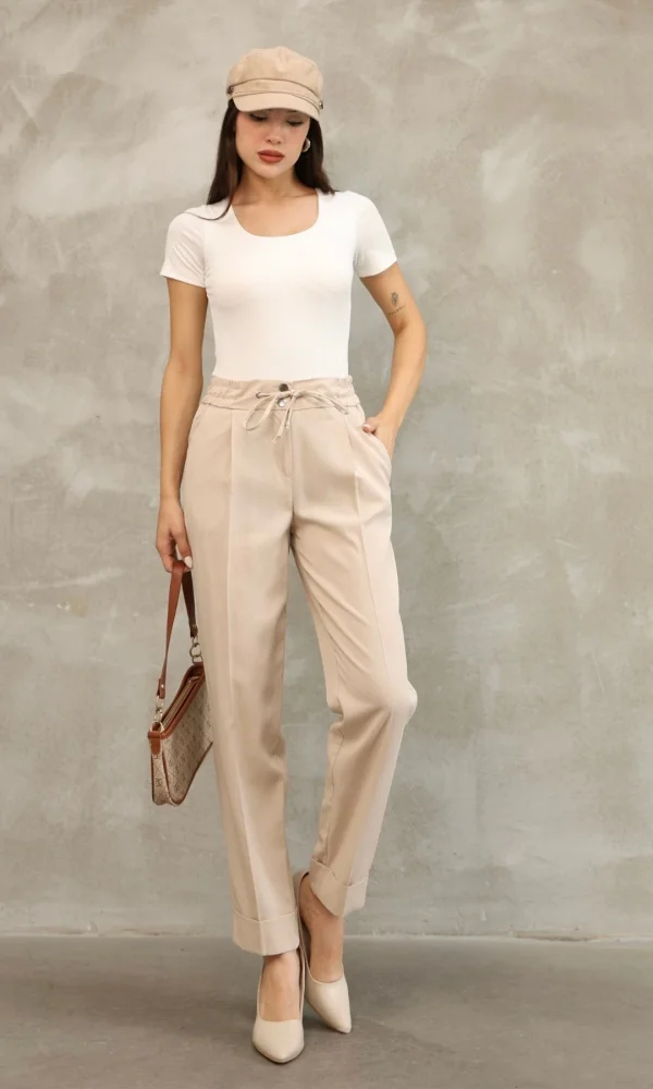 Bağlama Detaylı Beli Lastikli Kumaş Pantolon 6171-Vizon