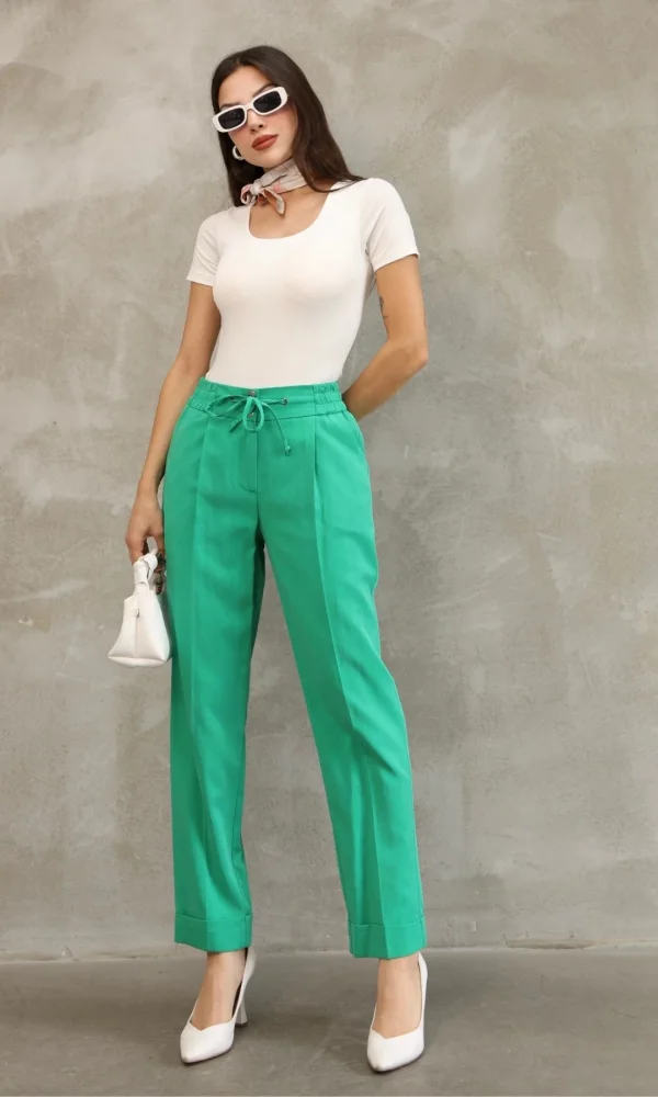 Bağlama Detaylı Beli Lastikli Kumaş Pantolon 6171-Yeşil