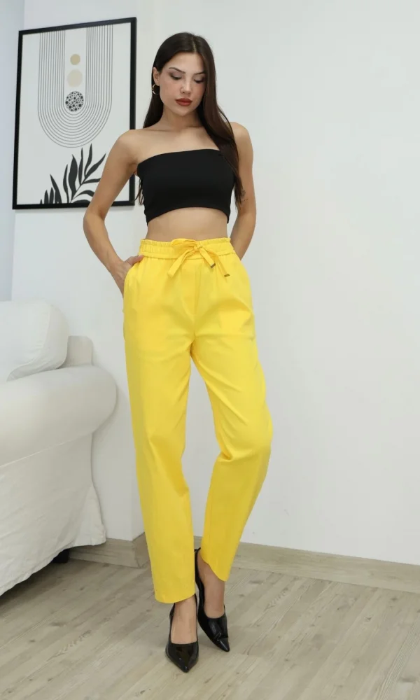Bağlama Detaylı Beli Lastikli Pamuklu Kumaş Pantolon 6170-Sarı