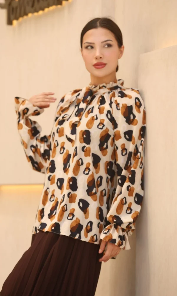 Bağlama Detaylı Büzgülü Bluz 6028-Bej/Kahverengi