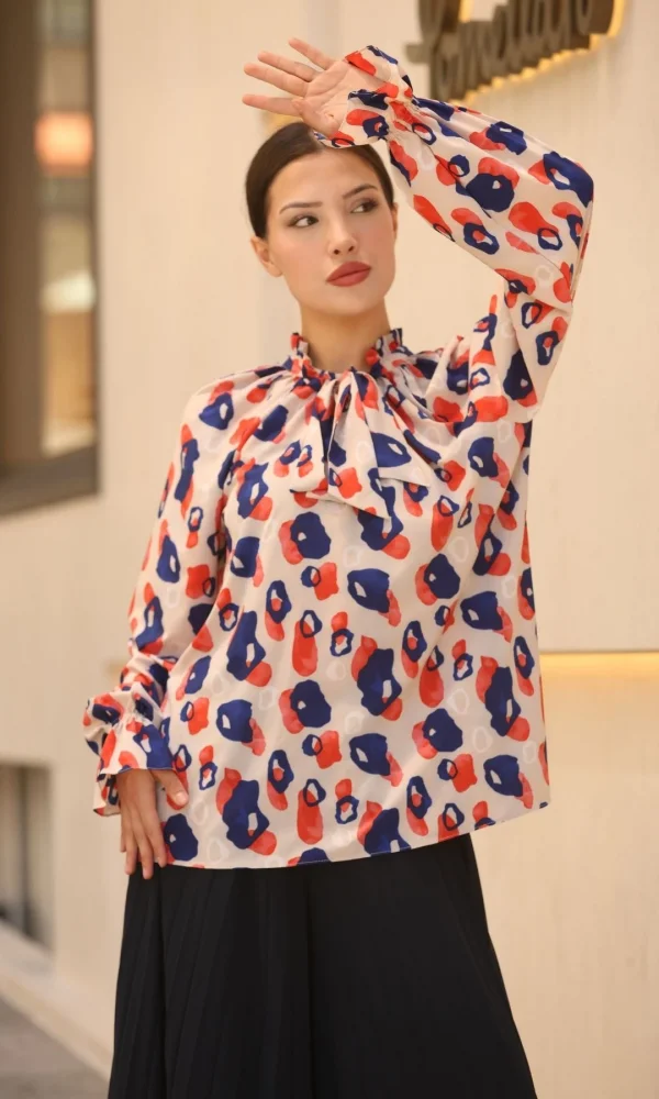 Bağlama Detaylı Büzgülü Bluz 6028-Bej/Lacivert