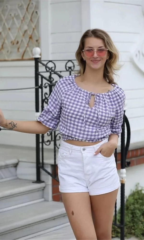 Bağlama Detaylı Crop Bluz 1736 Mor