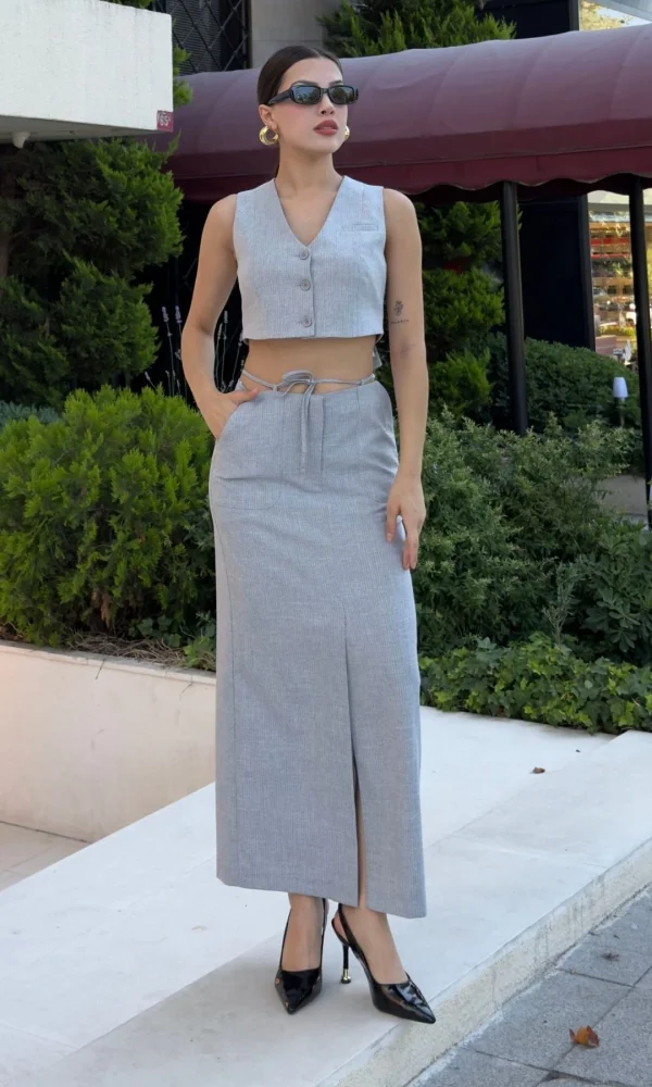 Bağlama Detaylı İkili Takım 46139-Gri