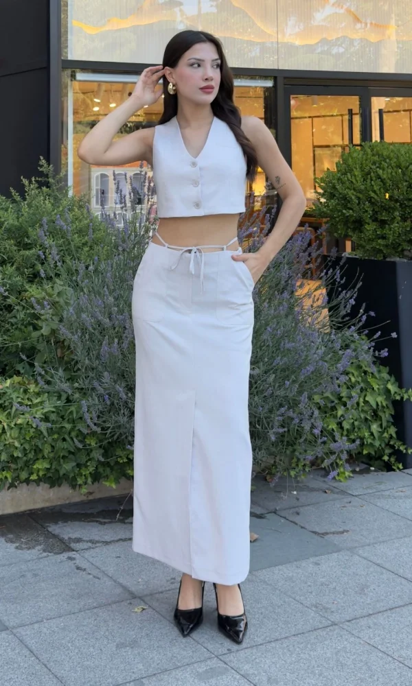 Bağlama Detaylı İkili Takım 46139-Krem