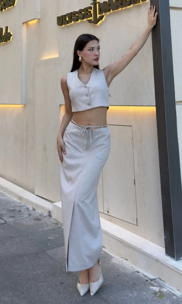 Bağlama Detaylı İkili Takım 46139-Bej