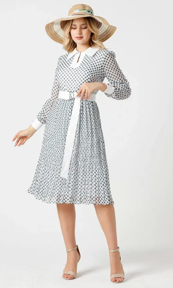 Bağlama Detaylı Pliseli Elbise 1774-Beyaz