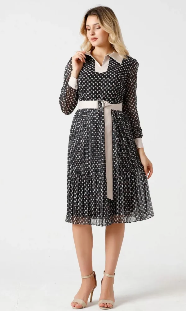Bağlama Detaylı Pliseli Elbise 1774-Siyah/Bej