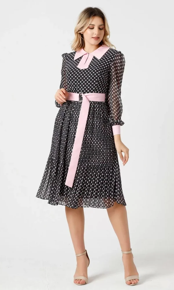 Bağlama Detaylı Pliseli Elbise 1774-Siyah/Pembe