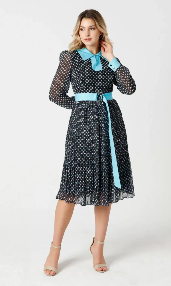 Bağlama Detaylı Pliseli Elbise 1774-Siyah/Turkuaz