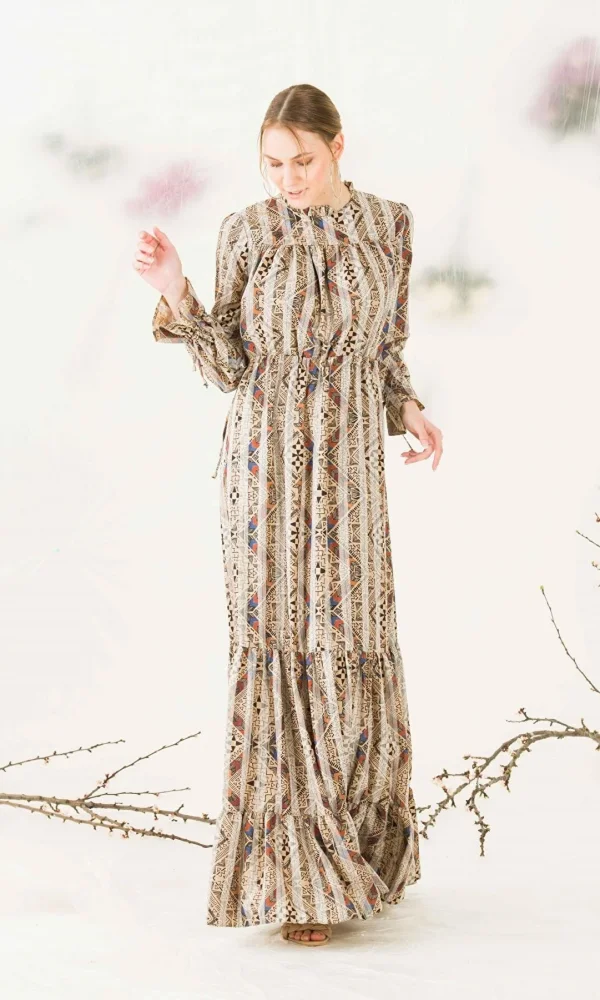 Bağlama Ve Büzgü Detaylı Maxi Elbise 578-VİZON