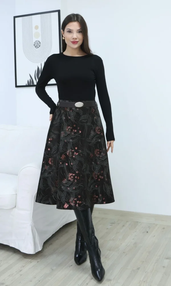 Baskılı ve Kemerli Kadife Etek 6069-Kahve/Çağla