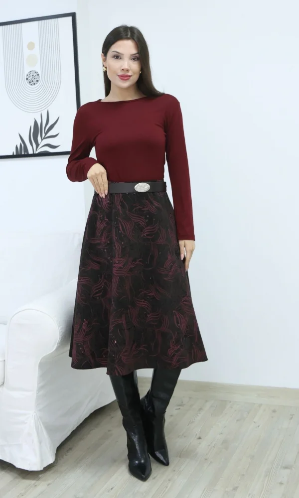 Baskılı ve Kemerli Kadife Etek 6069-Kahve/Fuşya
