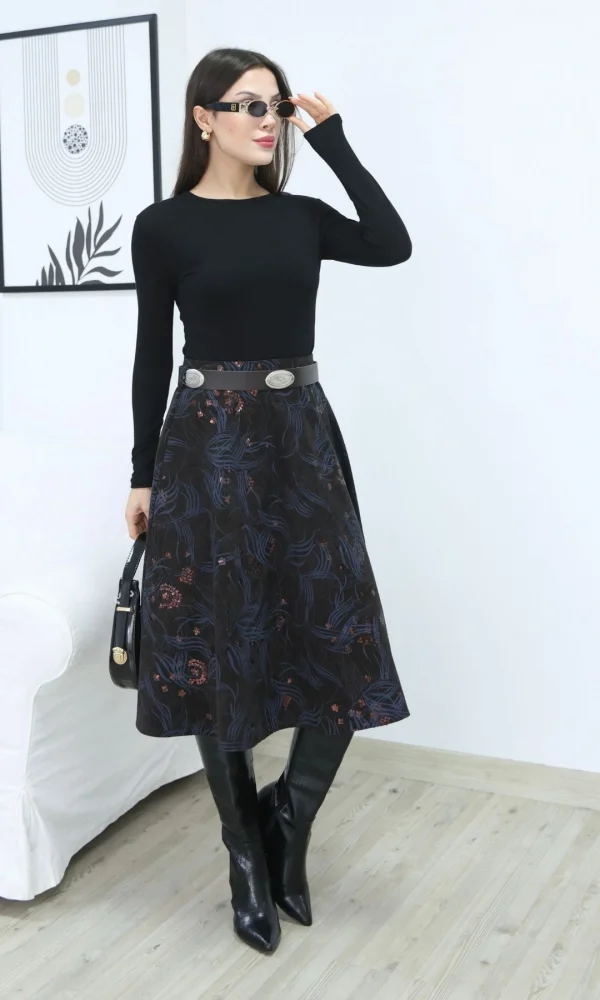 Baskılı ve Kemerli Kadife Etek 6069-Kahve/İndigo