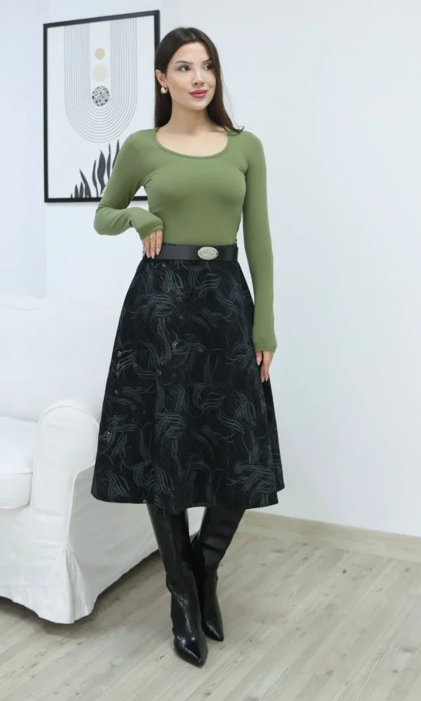 Baskılı ve Kemerli Kadife Etek 6069-Siyah/Çağla