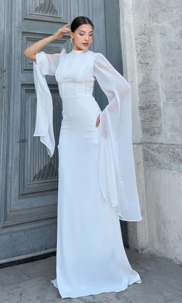 Bel Boncuk İşleme Detaylı Beden Ayarlı Abiye Elbise 2325-Beyaz