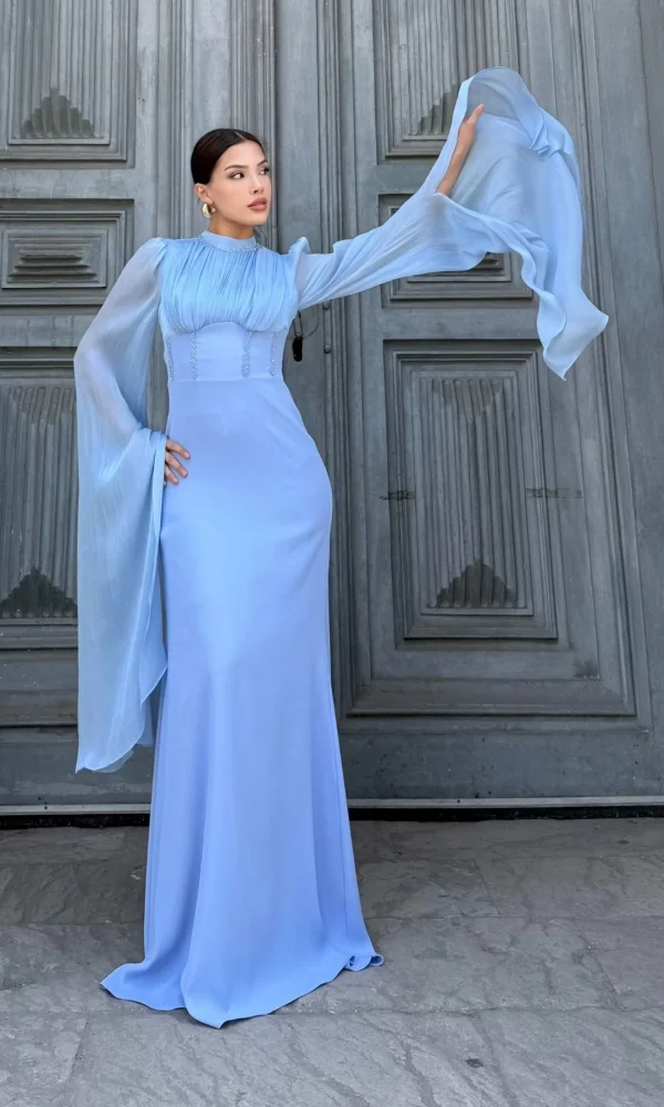 Bel Boncuk İşleme Detaylı Beden Ayarlı Abiye Elbise 2325-Mavi