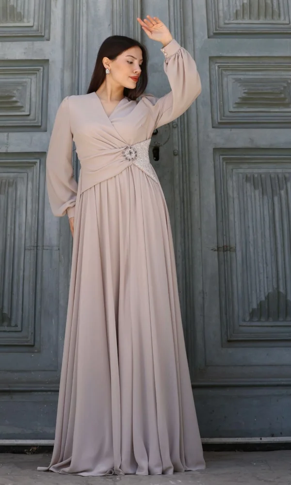 Bel Detaylı Kruvaze Yaka Abiye Elbise 2763-Bej