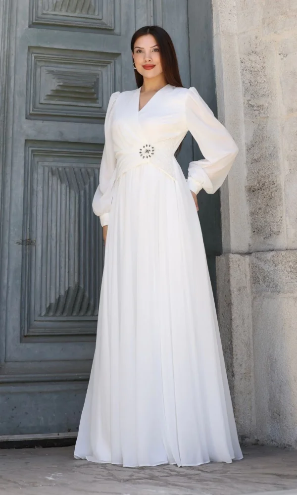 Bel Detaylı Kruvaze Yaka Abiye Elbise 2763-Beyaz