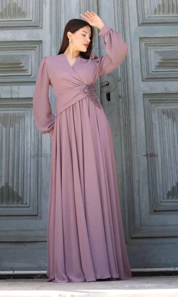 Bel Detaylı Kruvaze Yaka Abiye Elbise 2763-Gül Kurusu