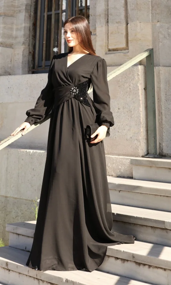 Bel Detaylı Kruvaze Yaka Abiye Elbise 2763-Siyah