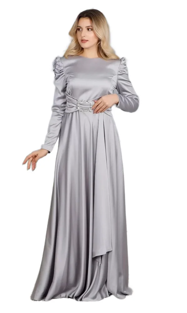 Bel Detaylı Saten Abiye Elbise 711-Gri