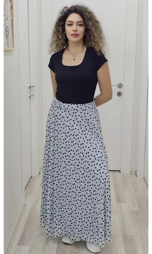 Bel Lastikli Flok Baskılı Kloş Şifon Etek 6003-Siyah/Mavi