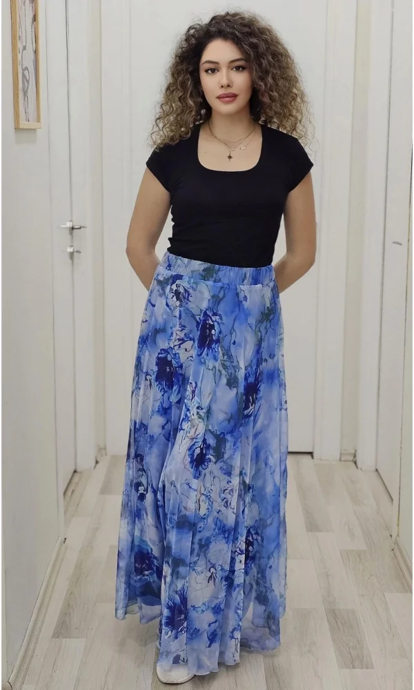 Bel Lastikli Kloş Desenli Şifon Etek 6003-Koyu Mavi
