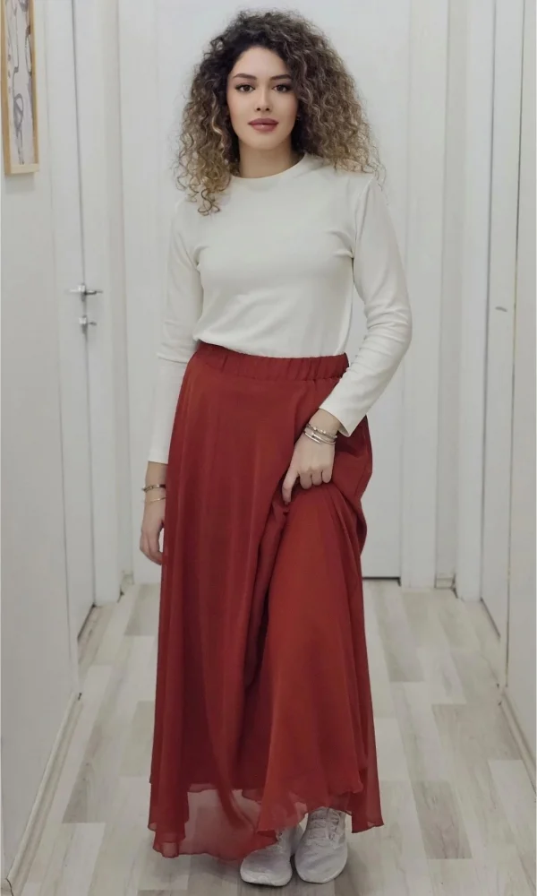 Bel Lastikli Kloş Şifon Etek 6003-Kiremit