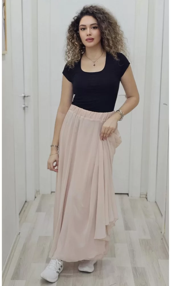 Bel Lastikli Kloş Şifon Etek 6003-Pudra