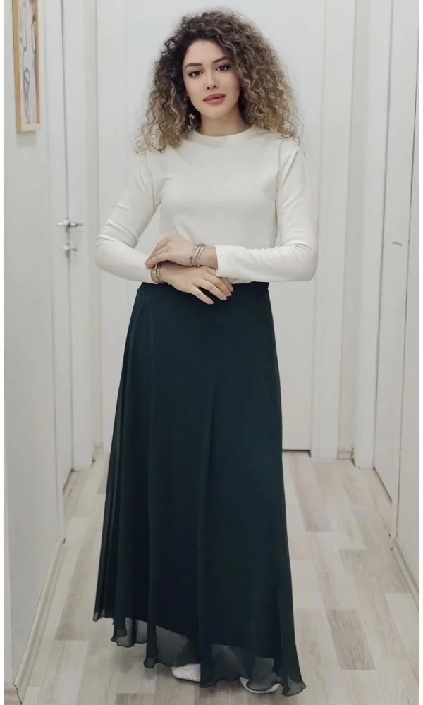 Bel Lastikli Kloş Şifon Etek 6003-Yeşil