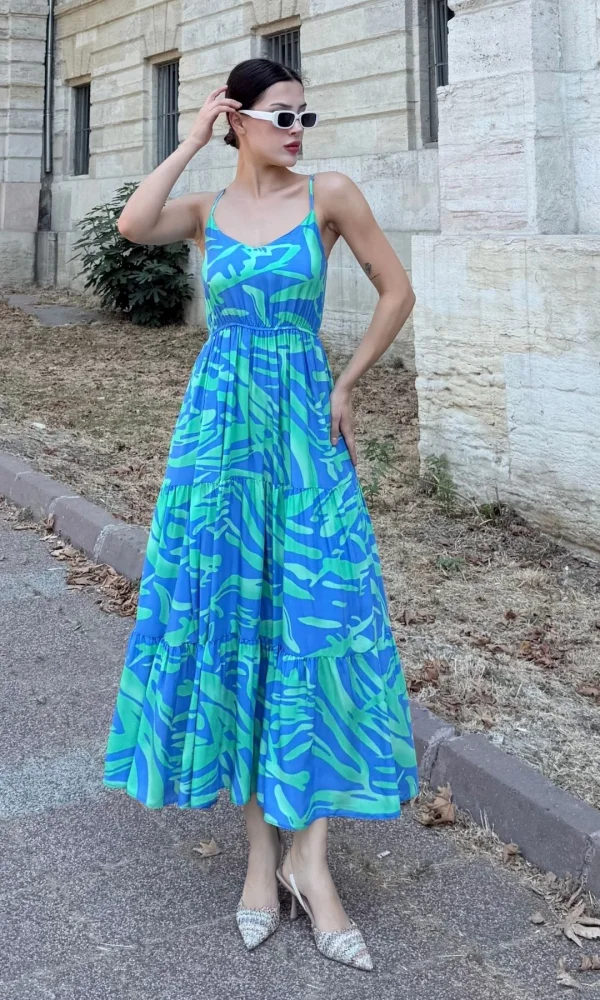 Beli Lastikli Askılı Viskon Elbise 6035-İndigo