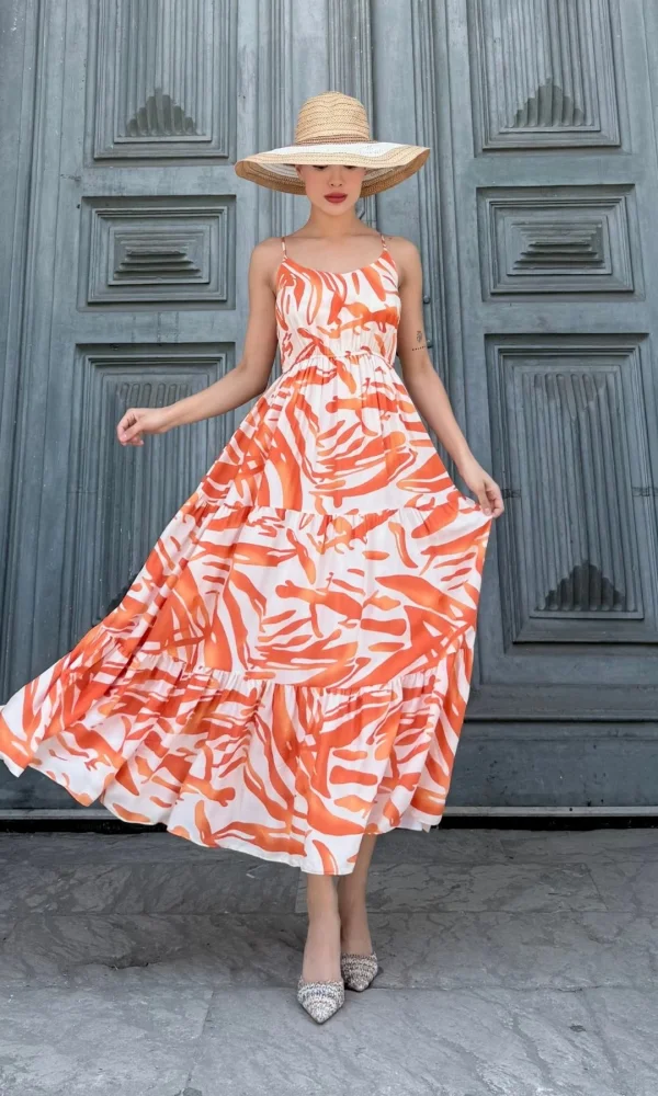 Beli Lastikli Askılı Viskon Elbise 6035-Oranj