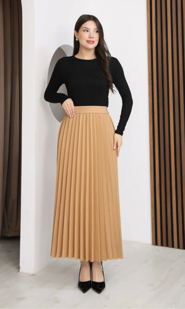 Beli Lastikli Piliseli Etek 6017-Camel