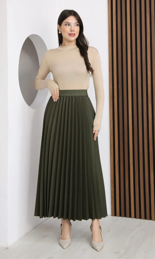 Beli Lastikli Piliseli Etek 6017-Haki