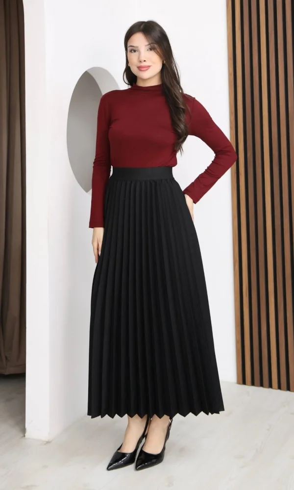 Beli Lastikli Piliseli Etek 6017-Siyah