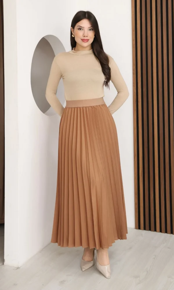 Beli Lastikli Piliseli Etek 6017-Taba