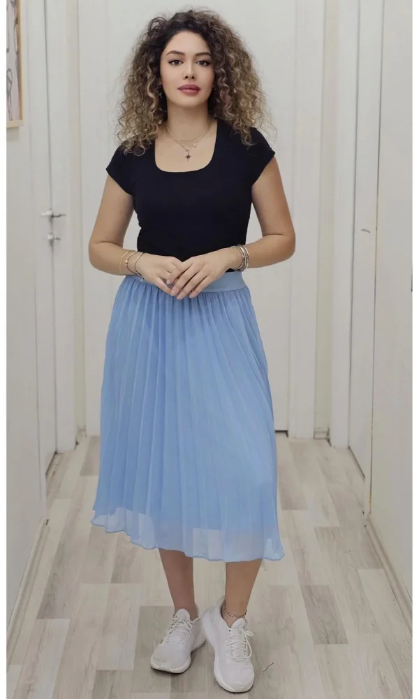 Beli Lastikli Pliseli Etek 6018-Bebe Mavisi