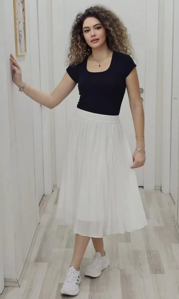 Beli Lastikli Pliseli Etek 6018-Beyaz