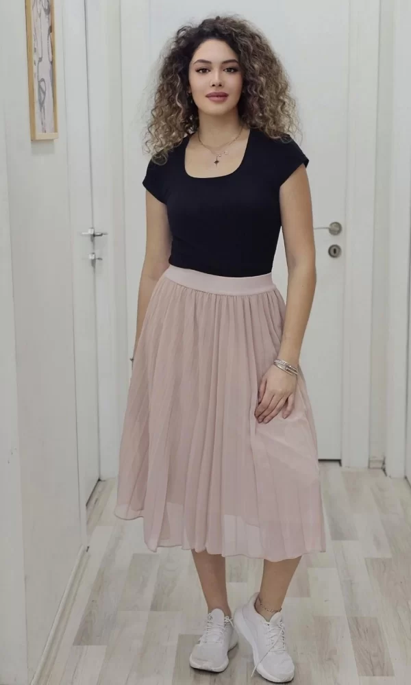 Beli Lastikli Pliseli Etek 6018-Pudra