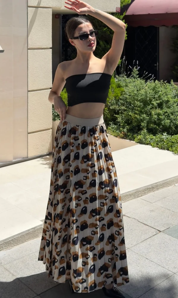 Beli Lastikli Pliseli Etek 6029 Bej/Kahverengi