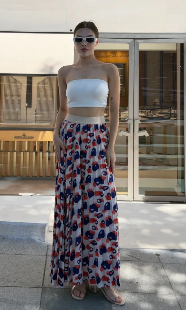 Beli Lastikli Pliseli Etek 6029 Bej/Lacivert