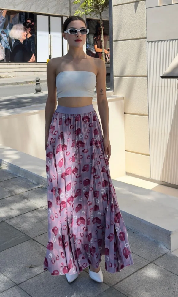 Beli Lastikli Pliseli Etek 6029 Lila/Bordo