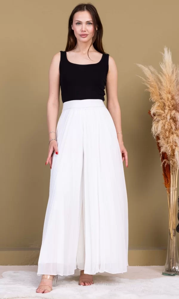 Beli Lastikli Pliseli Şifon Pantolon 6030-Beyaz