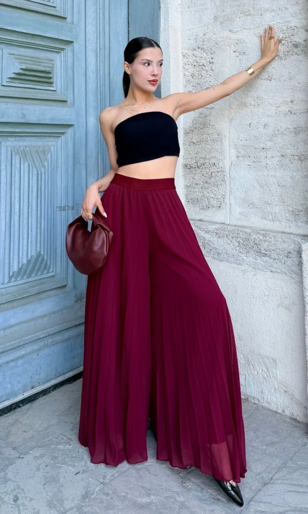 Beli Lastikli Pliseli Şifon Pantolon 6030-Bordo