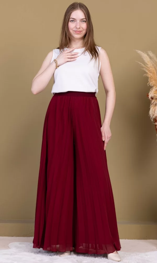 Beli Lastikli Pliseli Şifon Pantolon 6030-Bordo