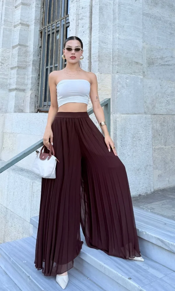 Beli Lastikli Pliseli Şifon Pantolon 6030-Kahverengi